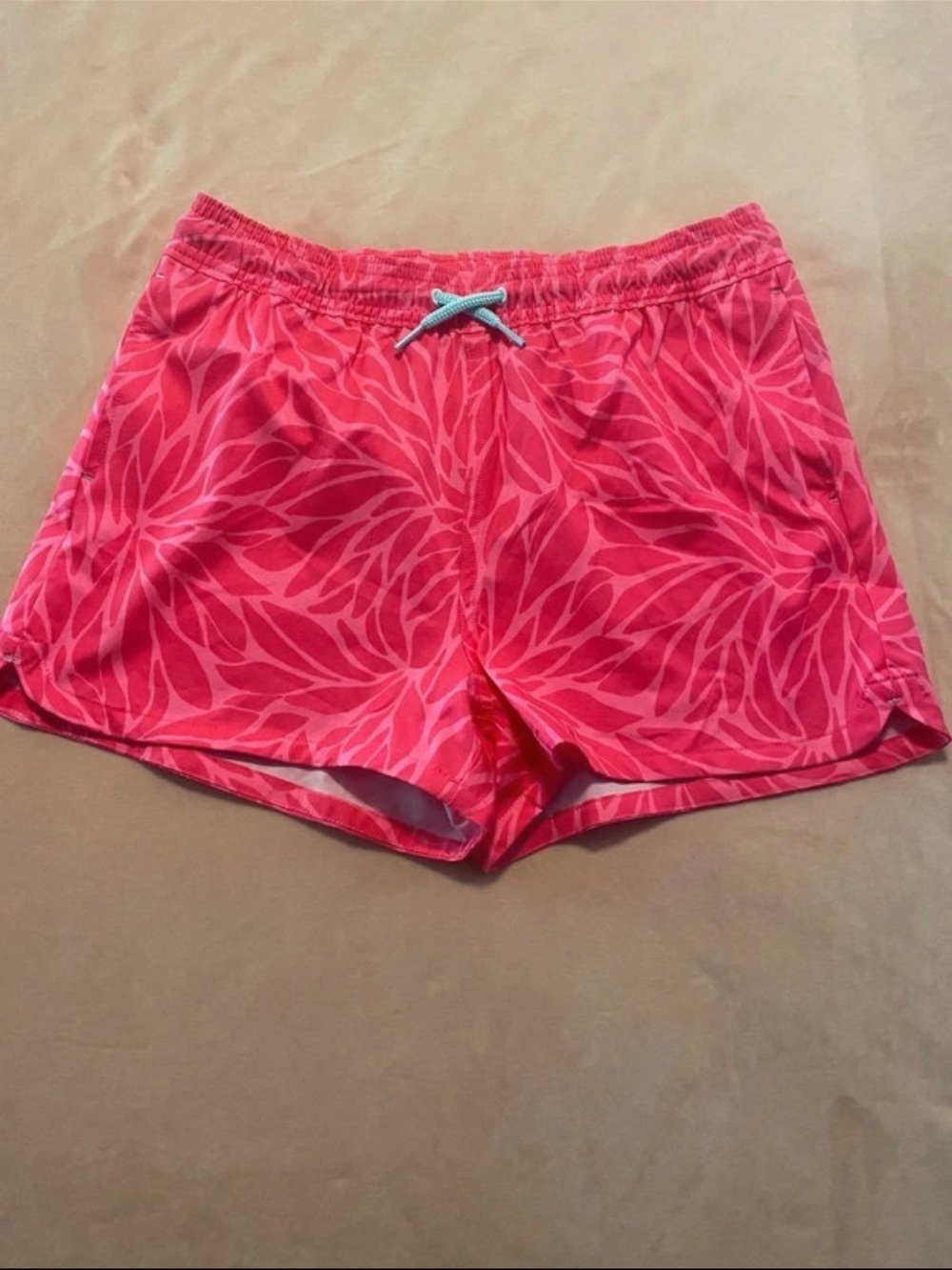 Vineyard Vines Pink Leaf-Print Athletic Shorts with Aqua Drawstring Youth